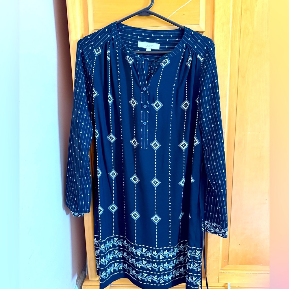 LOFT Navy Blue Diamond Pattern Dress